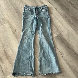 Light wash bootcut jeans.